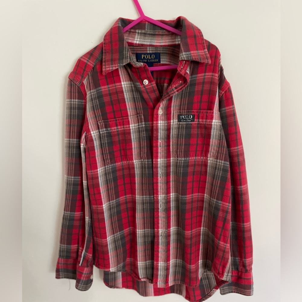 Red plaid boys, Ralph, Lauren, button-down flannel shirt
